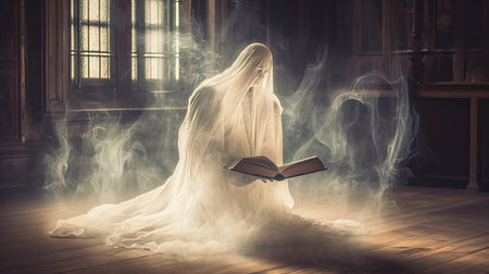 a person in a white robe reading a bookの素材