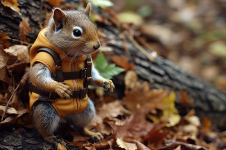 a squirrel wearing a vest standing on leavesの素材
