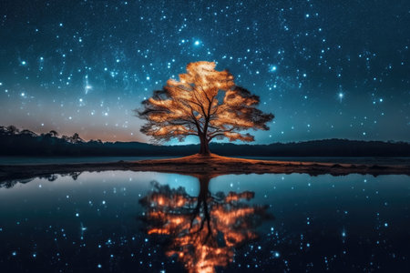 a tree on a small island in water with stars in the skyの素材