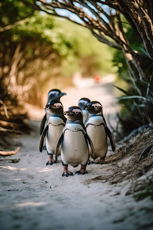 a group of penguins walking on a pathの素材
