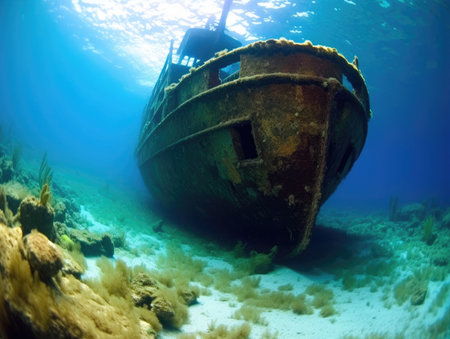 a ship under water with corals and rocksの素材
