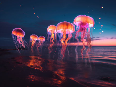 a group of jellyfish in the waterの素材