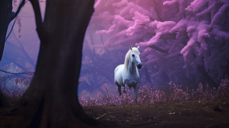 a white horse standing in a field with pink flowersの素材