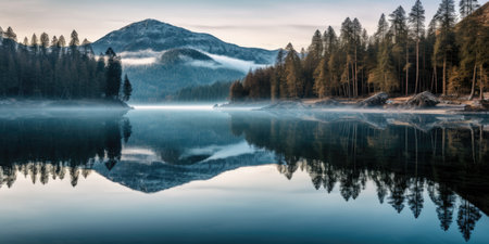 a lake with trees and mountains in the backgroundの素材