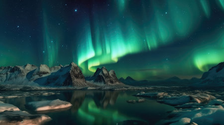 a green lights in the sky over snow covered mountainsの素材