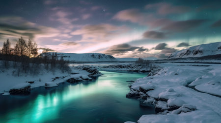 a river with snow and mountains in the backgroundの素材