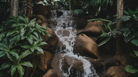 a waterfall over rocks surrounded by plantsの素材