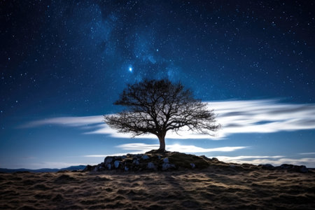 a tree on a hill at nightの素材