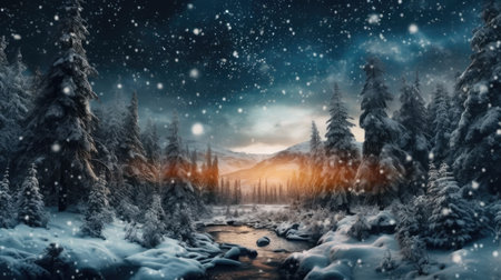 a snowy landscape with trees and a riverの素材