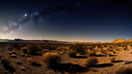 a desert landscape with bushes and mountains in the backgroundの素材