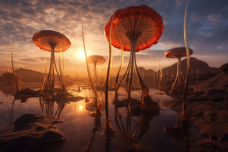 a group of mushrooms in a swampの素材