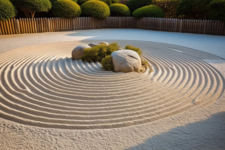 a circular pattern in sand with rocks and bushes in the backgroundの素材