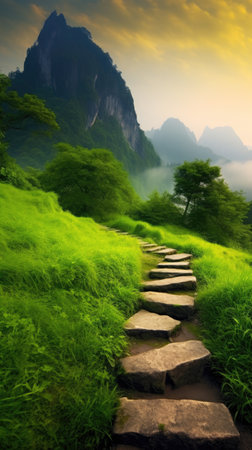a stone path in a grassy areaの素材