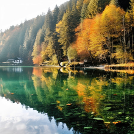 a body of water with trees and a house on the sideの素材