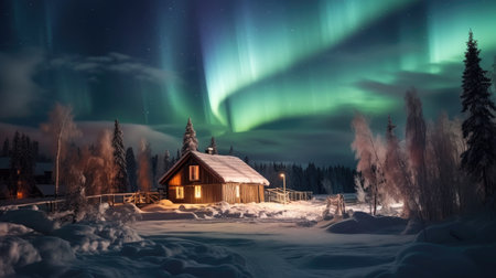 a house in the snow with green lights in the skyの素材