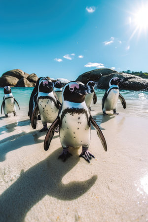 a group of penguins on a beachの素材