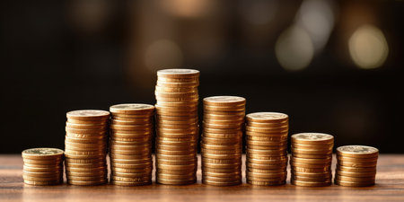 stacks of coins on a tableの素材