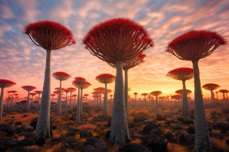 a group of trees with red flowersの素材