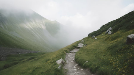 a path through a grassy valleyの素材