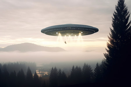 a ufo flying over a forestの素材