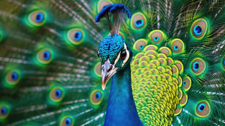a peacock with its tail feathers spread outの素材