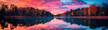 a lake with trees and a pink skyの素材