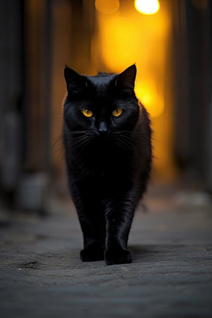 a black cat walking on a stone surfaceの素材