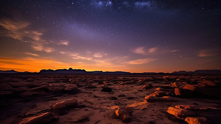 a rocky landscape with a sunset and stars in the skyの素材