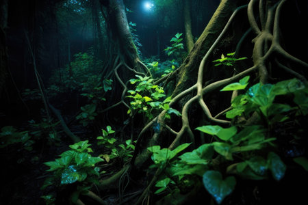 a tree roots and plants in a dark forestの素材