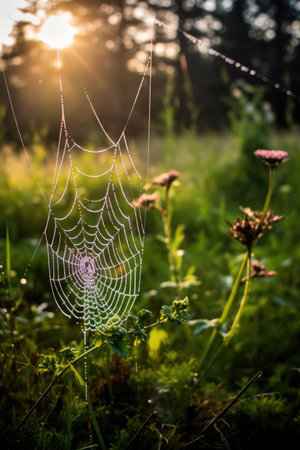 a spider web with dew on itの素材