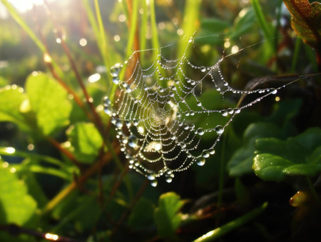 a spider web with water droplets on itの素材