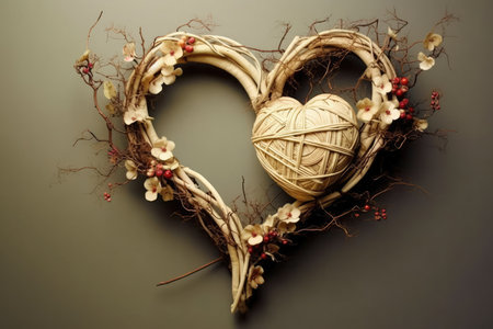 a heart shaped wreath with a ball of yarn and flowersの素材