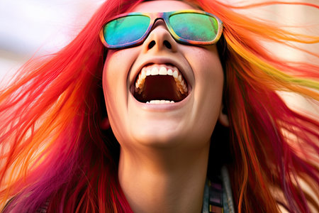 a woman with red hair and sunglasses laughingの素材