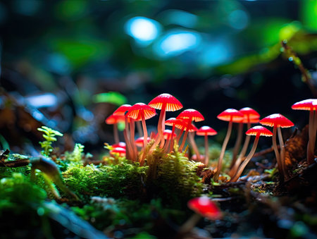 a group of red mushrooms growing on mossの素材
