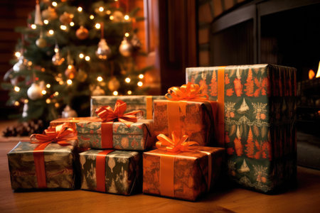 a group of wrapped presents with orange bowsの素材