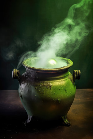 a green pot with smoke coming out of itの素材