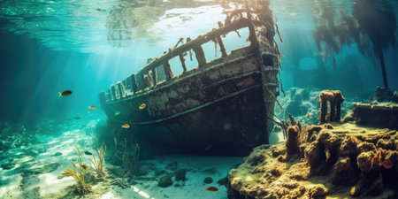 a boat under water with fish and rocksの素材