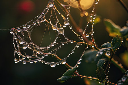 a spider web with water droplets on itの素材