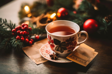 a cup of tea with a saucer and a plate with berries and a star aniseの素材