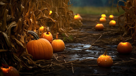 pumpkins on a path with lights on themの素材