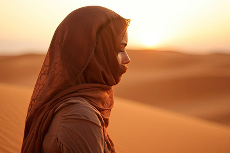a woman in a brown head scarf in a desertの素材