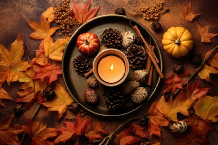 a candle surrounded by autumn leavesの素材