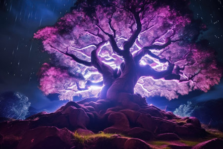 a tree with purple lightsの素材