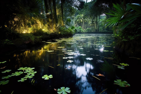 a pond with lily pads and trees in the backgroundの素材