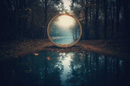 a circular object in the middle of a pondの素材