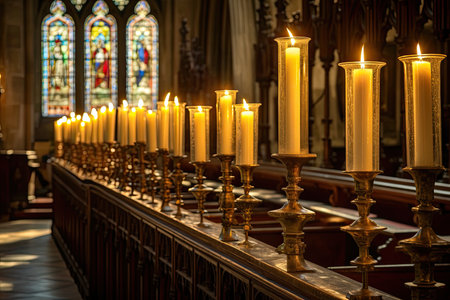 a row of candles on a wallの素材