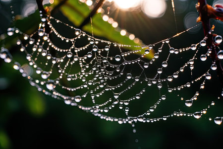 a spider web with water droplets on itの素材