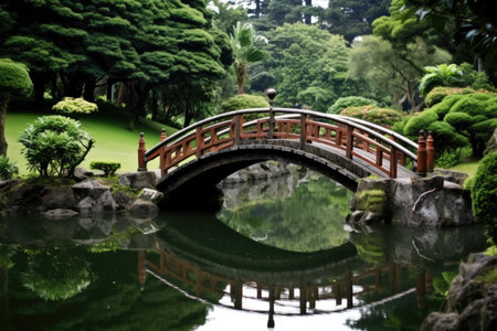 a bridge over water with trees and grassの素材
