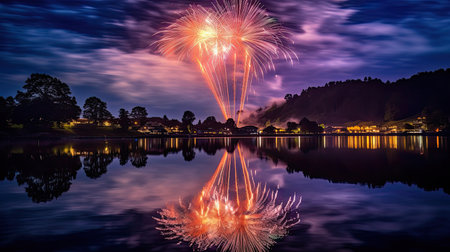 fireworks over a lakeの素材
