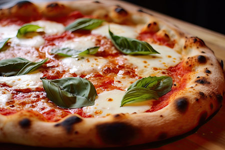 a pizza with basil leaves on itの素材